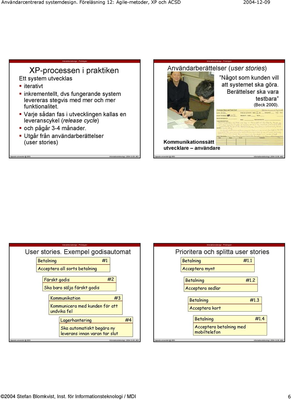 Utgår från användarberättelser (user stories) Användarberättelser (user stories) Kommunikationssätt utvecklare användare Något som kunden vill att systemet ska göra.