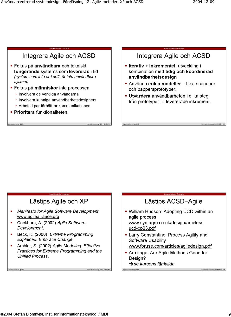 Integrera Agile och ACSD Iterativ + Inkrementell utveckling i kombination med tidig och koordinerad användbarhetsdesign Använda enkla modeller t.ex. scenarier och pappersprototyper.