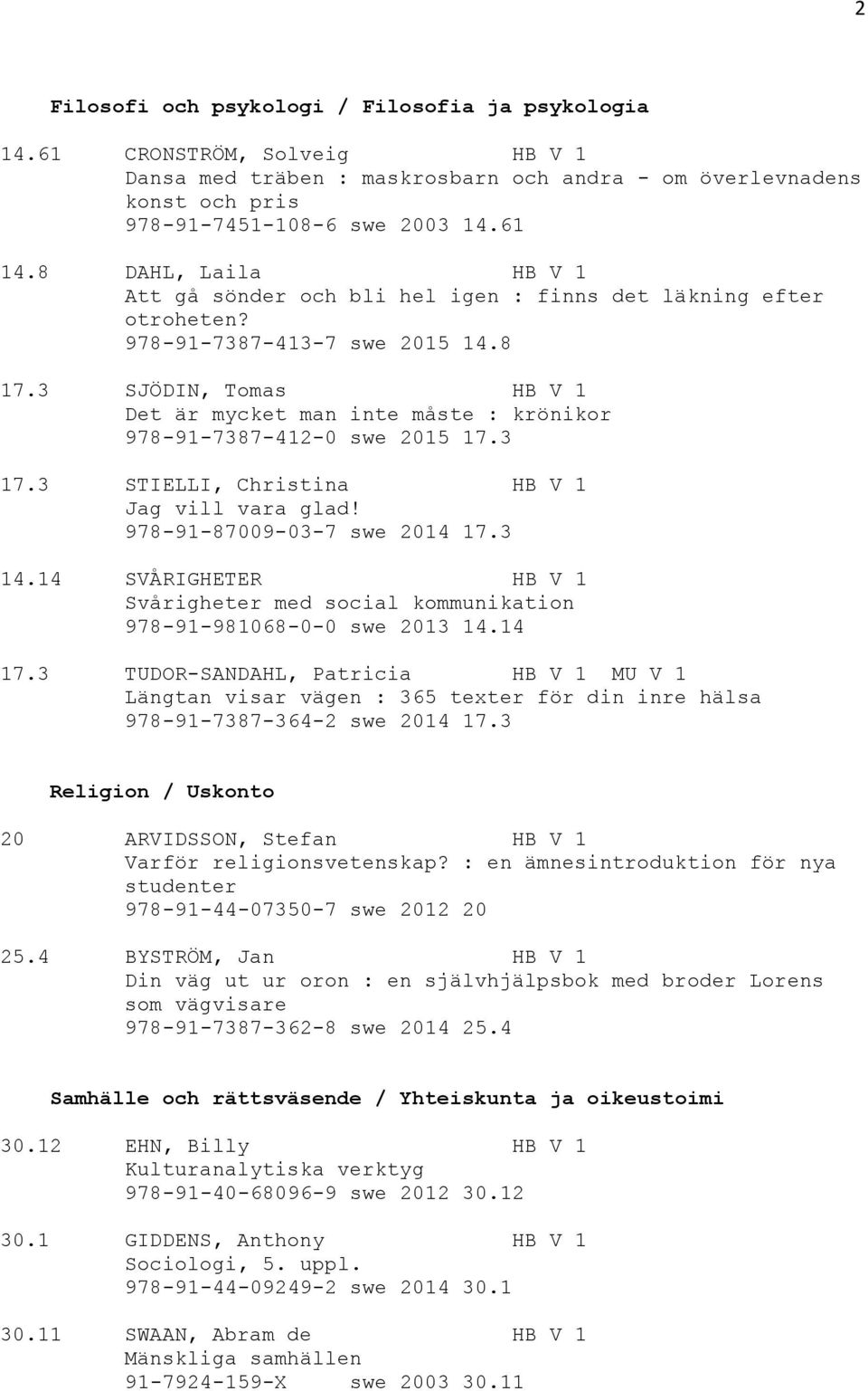 3 SJÖDIN, Tomas HB V 1 Det är mycket man inte måste : krönikor 978-91-7387-412-0 swe 2015 17.3 17.3 STIELLI, Christina HB V 1 Jag vill vara glad! 978-91-87009-03-7 swe 2014 17.3 14.