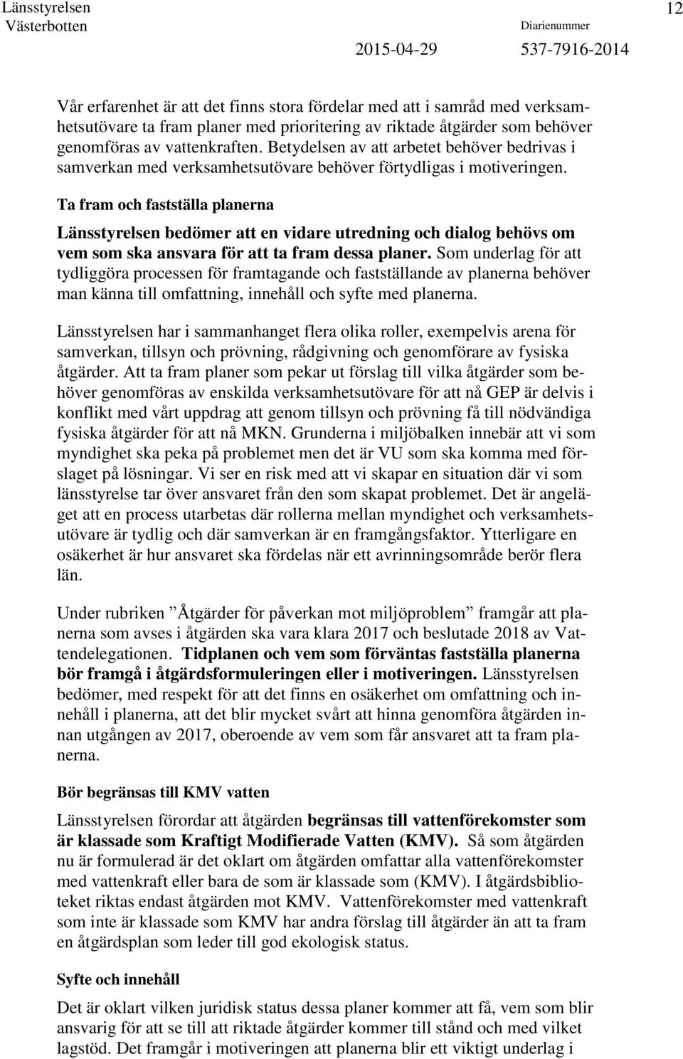 Ta fram och fastställa planerna Länsstyrelsen bedömer att en vidare utredning och dialog behövs om vem som ska ansvara för att ta fram dessa planer.