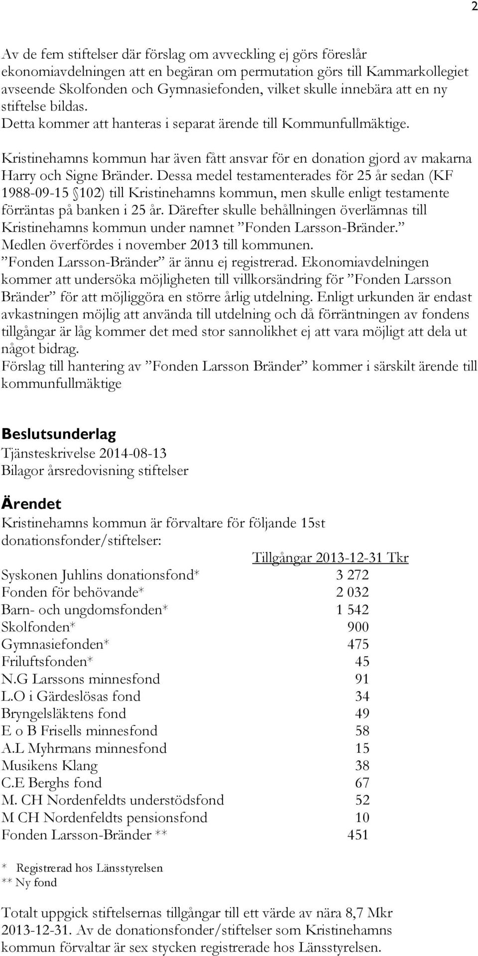 Kristinehamns kommun har även fått ansvar för en donation gjord av makarna Harry och Signe Bränder.