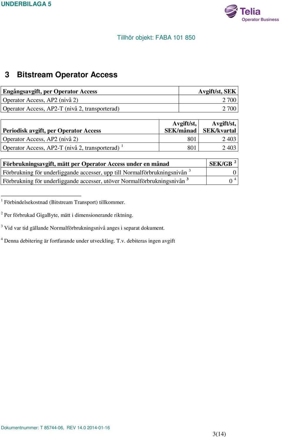 underliggande accesser, upp till Normalförbrukningsnivån 3 0 Förbrukning för underliggande accesser, utöver Normalförbrukningsnivån 3 0 4 1 Förbindelsekostnad (Bitstream Transport) tillkommer.