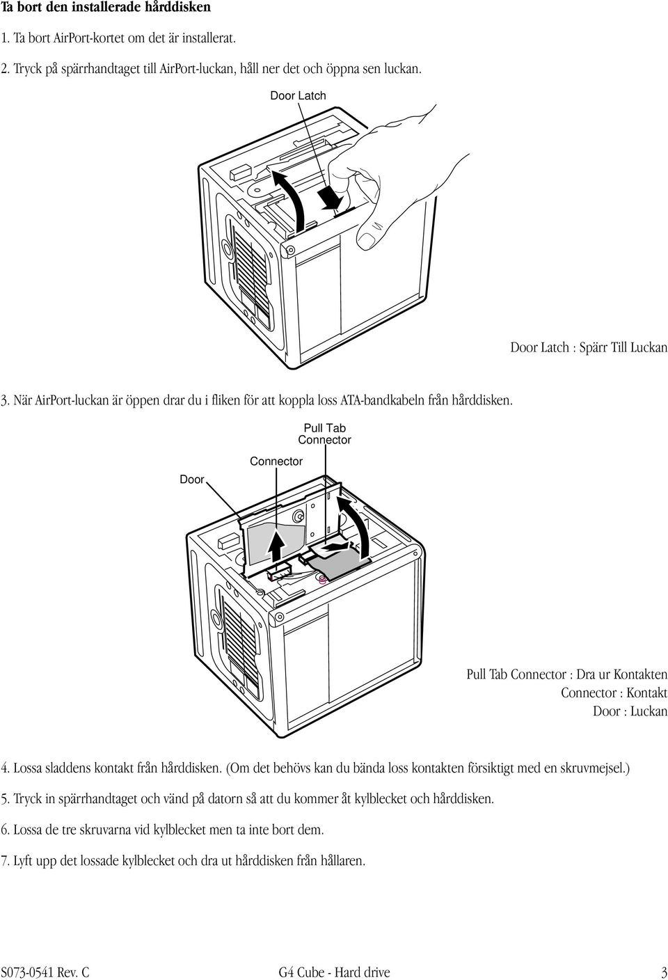 Pull Tab Connector Door Connector Pull Tab Connector : Dra ur Kontakten Connector : Kontakt Door : Luckan 4. Lossa sladdens kontakt från hårddisken.