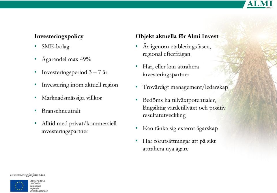 regional efterfrågan Har, eller kan attrahera investeringspartner Trovärdigt management/ledarskap Bedöms ha tillväxtpotentialer,