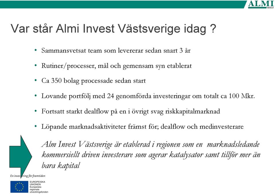 start Lovande portfölj med 24 genomförda investeringar om totalt ca 100 Mkr.