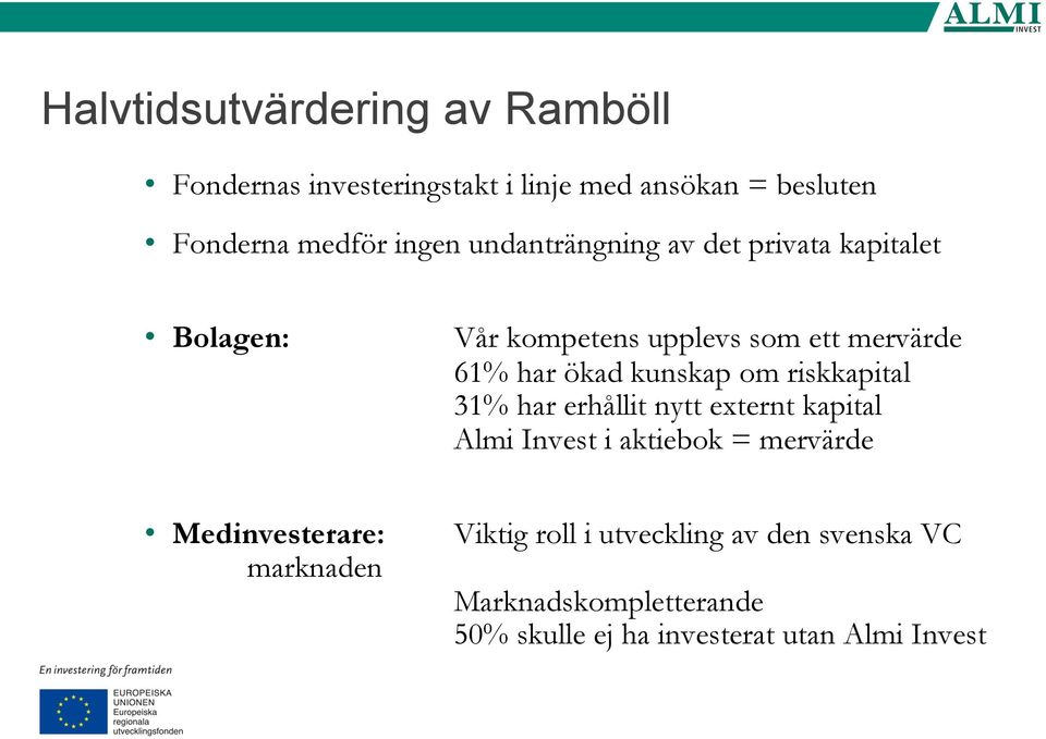 om riskkapital 31% har erhållit nytt externt kapital Almi Invest i aktiebok = mervärde Medinvesterare: Viktig
