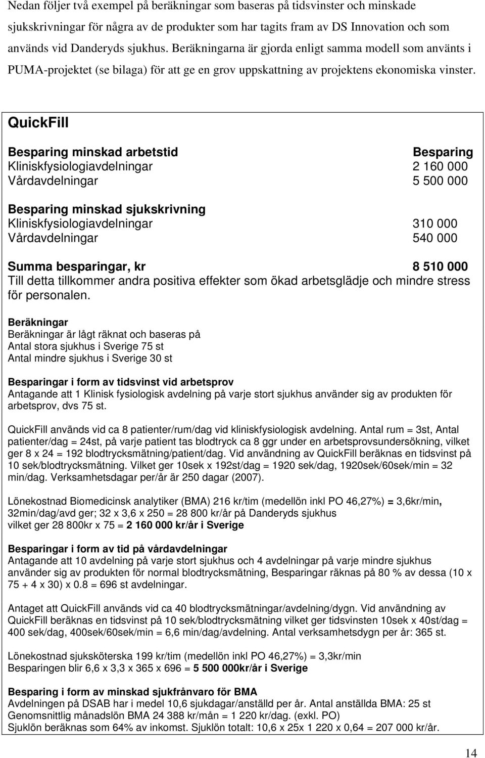 QuickFill Besparing minskad arbetstid Besparing Kliniskfysiologiavdelningar 2 160 000 Vårdavdelningar 5 500 000 Besparing minskad sjukskrivning Kliniskfysiologiavdelningar 310 000 Vårdavdelningar 540