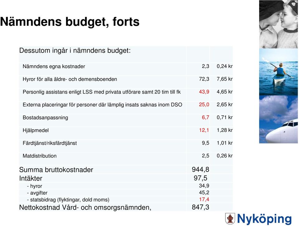 inom DSO 25,0 2,65 kr Bostadsanpassning 6,7 0,71 kr Hjälpmedel 12,1 1,28 kr Färdtjänst/riksfärdtjänst 9,5 1,01 kr Matdistribution 2,5 0,26 kr Summa