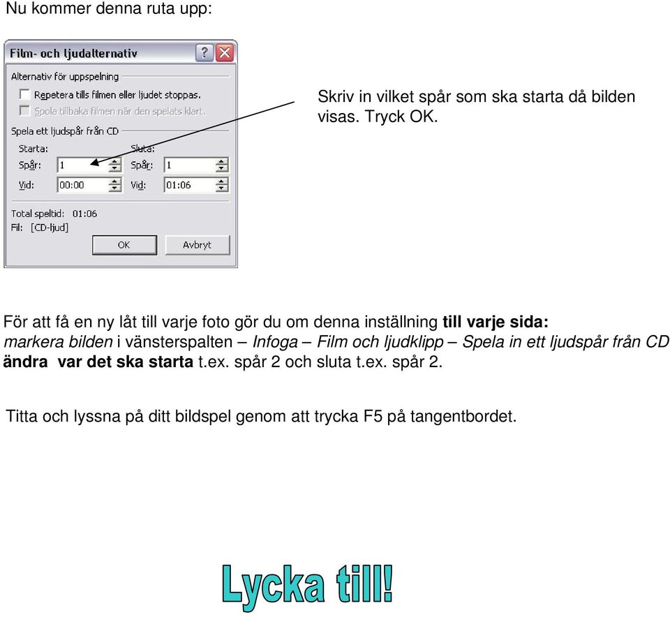 i vänsterspalten Infoga Film och ljudklipp Spela in ett ljudspår från CD ändra var det ska starta