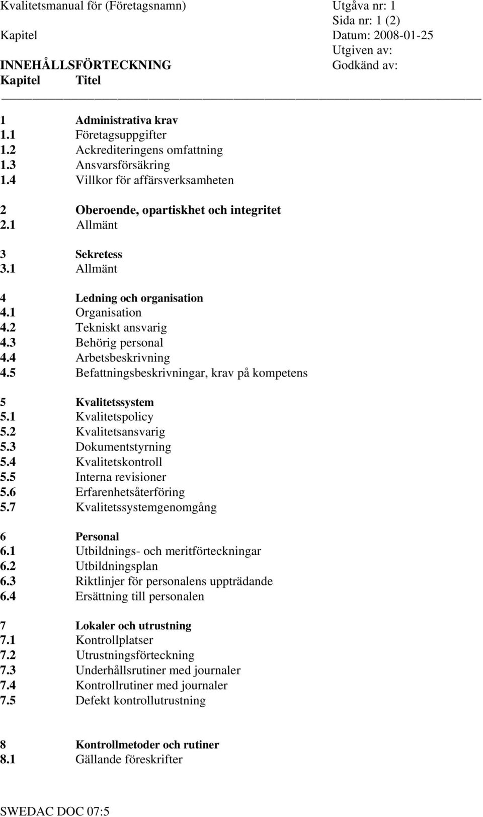 4 Arbetsbeskrivning 4.5 Befattningsbeskrivningar, krav på kompetens 5 Kvalitetssystem 5.1 Kvalitetspolicy 5.2 Kvalitetsansvarig 5.3 Dokumentstyrning 5.4 Kvalitetskontroll 5.5 Interna revisioner 5.