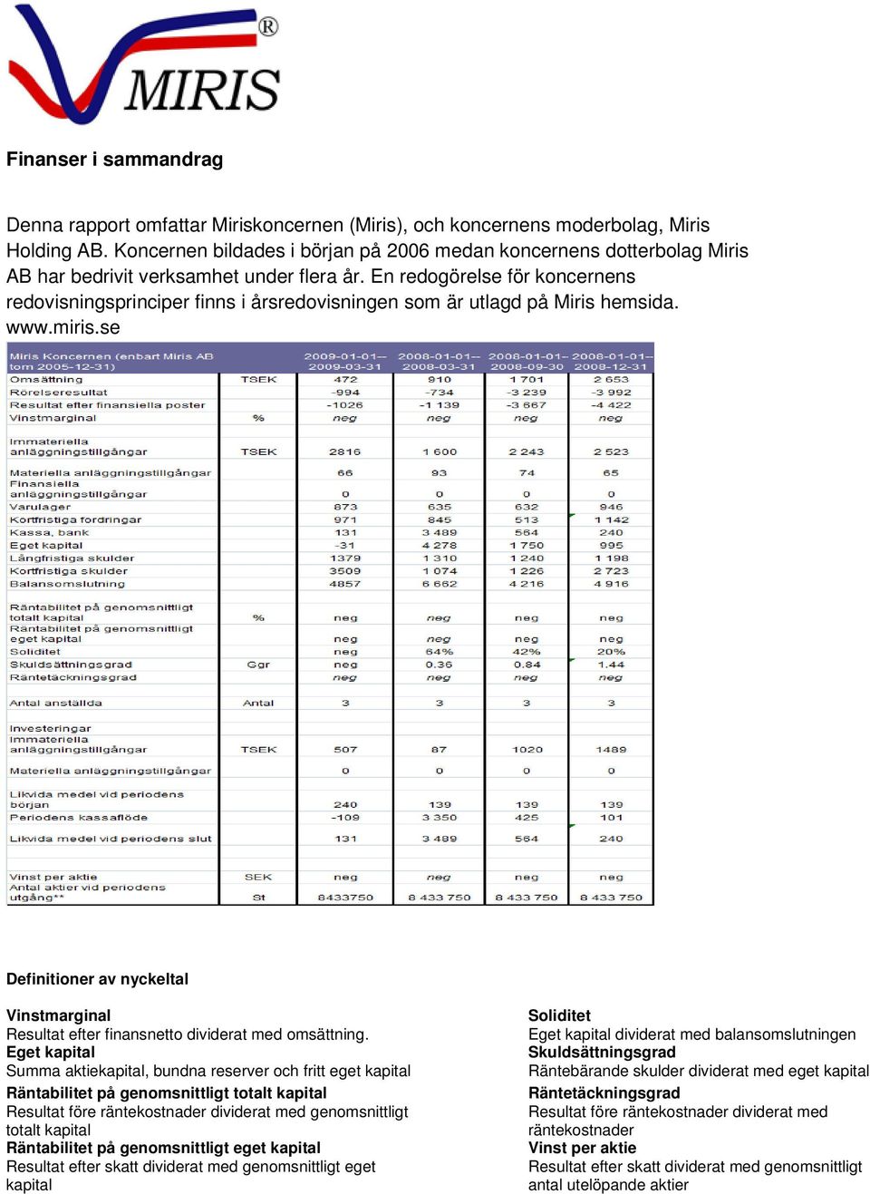 En redogörelse för koncernens redovisningsprinciper finns i årsredovisningen som är utlagd på Miris hemsida. www.miris.