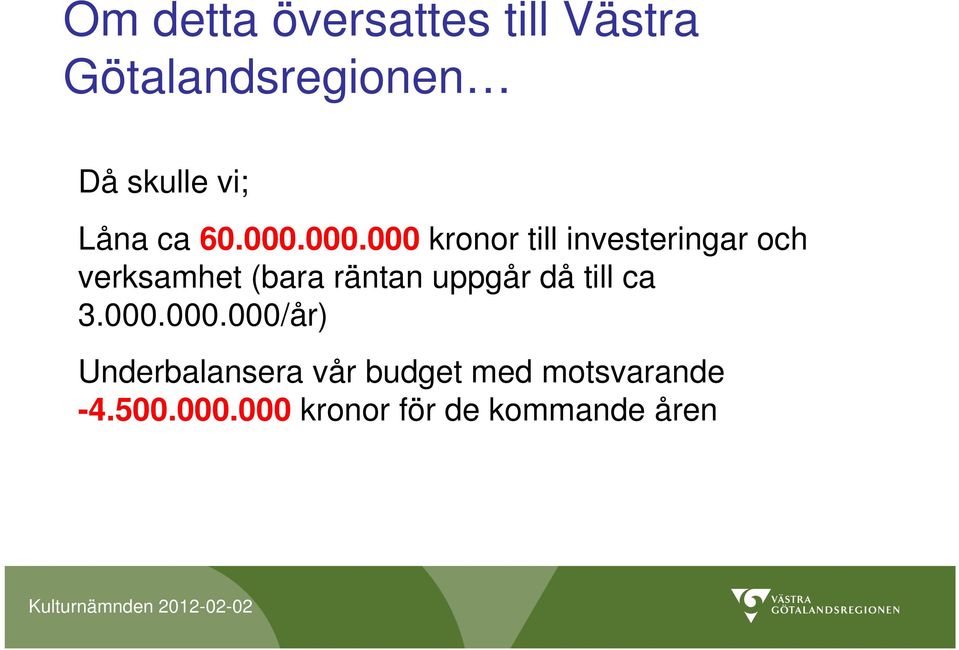 000.000 kronor till investeringar och verksamhet (bara räntan