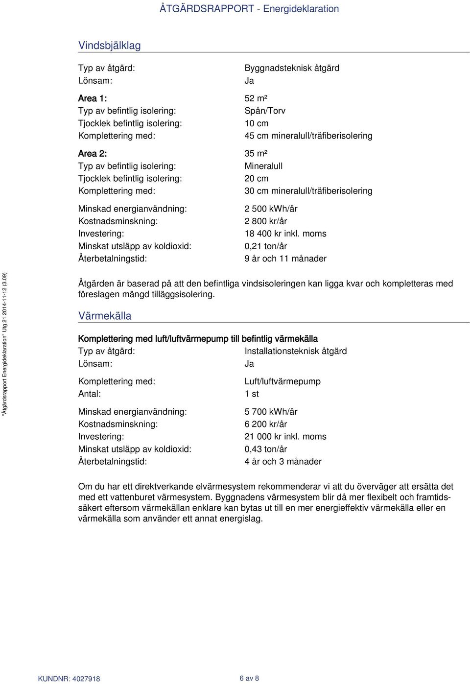 Kostnadsminskning: Investering: Minskat utsläpp av koldioxid: Återbetalningstid: 2 500 kwh/år 2 800 kr/år 18 400 kr inkl.