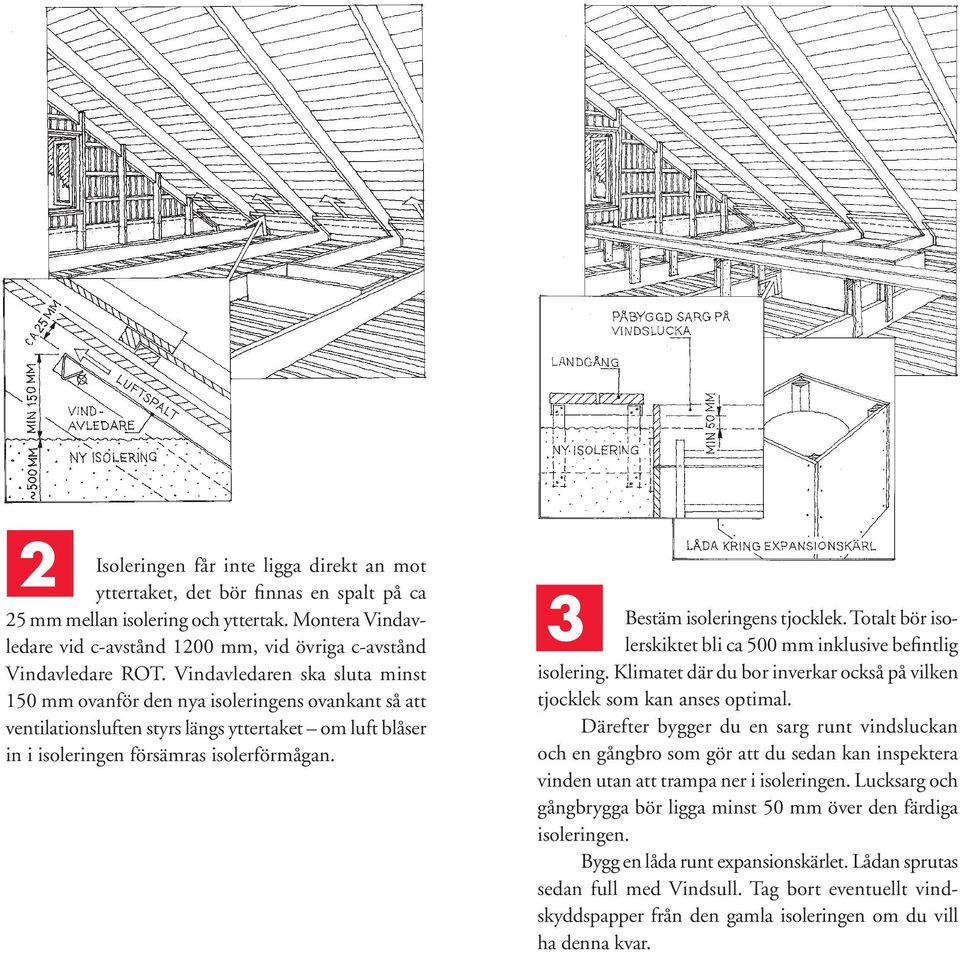 Vindavledaren ska sluta minst 150 mm ovanför den nya isoleringens ovankant så att ventilationsluften styrs längs yttertaket om luft blåser in i isoleringen försämras isolerförmågan.