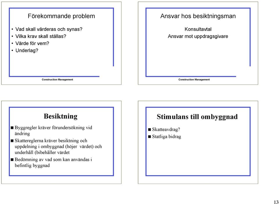 vid ändring Skattereglerna kräver besiktning och uppdelning i ombyggnad (höjer värdet) och underhåll