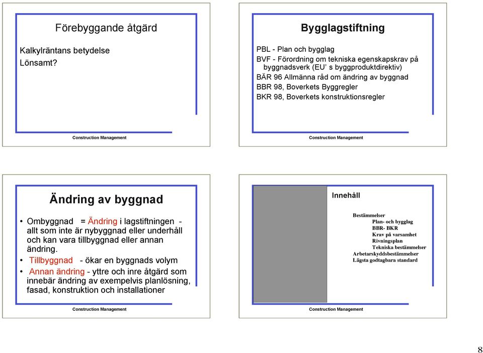 Byggregler BKR 98, Boverkets konstruktionsregler Ändring av byggnad Ombyggnad = Ändring i lagstiftningen - allt som inte är nybyggnad eller underhåll och kan vara tillbyggnad eller annan