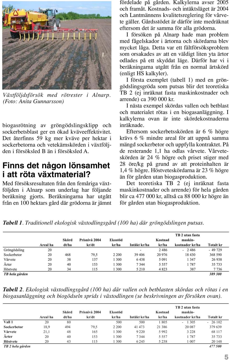 Med försöksresultaten från den femåriga växtföljden i Alnarp som underlag har följande beräkning gjorts. Beräkningarna har utgått från en 100 hektars gård där grödorna är jämnt fördelade på gården.