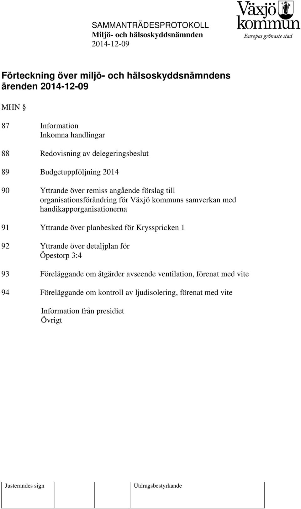 handikapporganisationerna 91 Yttrande över planbesked för Krysspricken 1 92 Yttrande över detaljplan för Öpestorp 3:4 93 Föreläggande