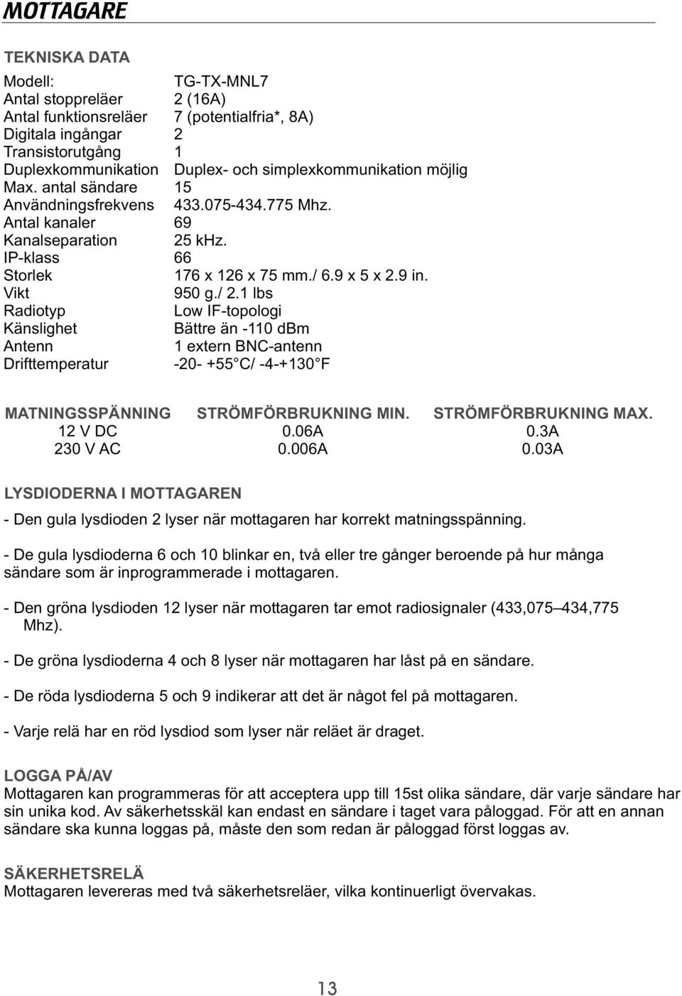 simplexkommunikation möjlig 15 433.075-434.775 Mhz. 69 25 khz. 66 176 x 126 x 75 mm./ 6.9 x 5 x 2.9 in. 950 g./ 2.