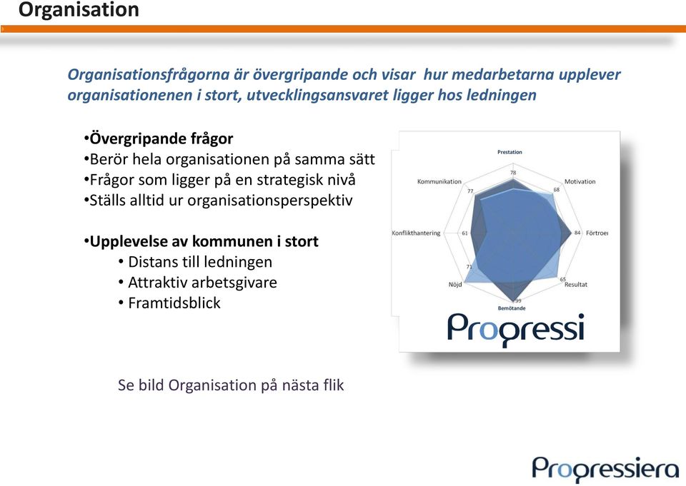 Frågor som ligger på en strategisk nivå Ställs alltid ur organisationsperspektiv Upplevelse av kommunen i