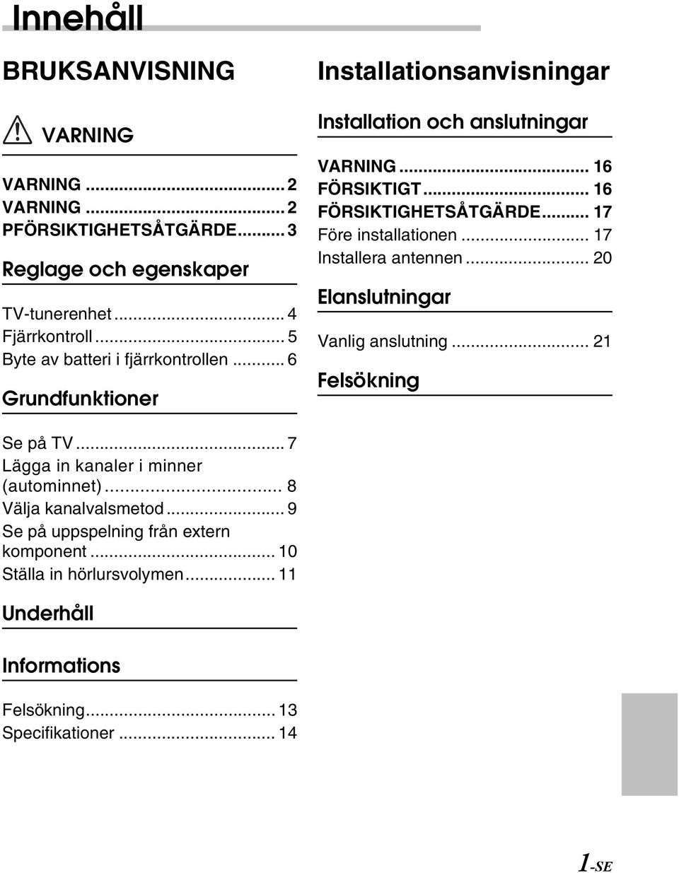 .. 16 FÖRSIKTIGHETSÅTGÄRDE... 17 Före installationen... 17 Installera antennen... 20 Elanslutningar Vanlig anslutning... 21 Felsökning Se på TV.