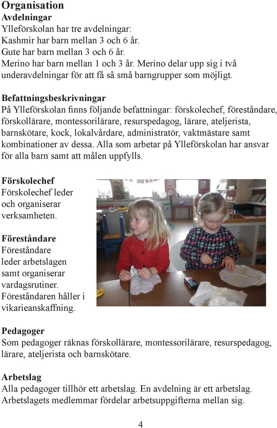 Befattningsbeskrivningar På Ylleförskolan finns följande befattningar: förskolechef, föreståndare, förskollärare, montessorilärare, resurspedagog, lärare, ateljerista, barnskötare, kock,