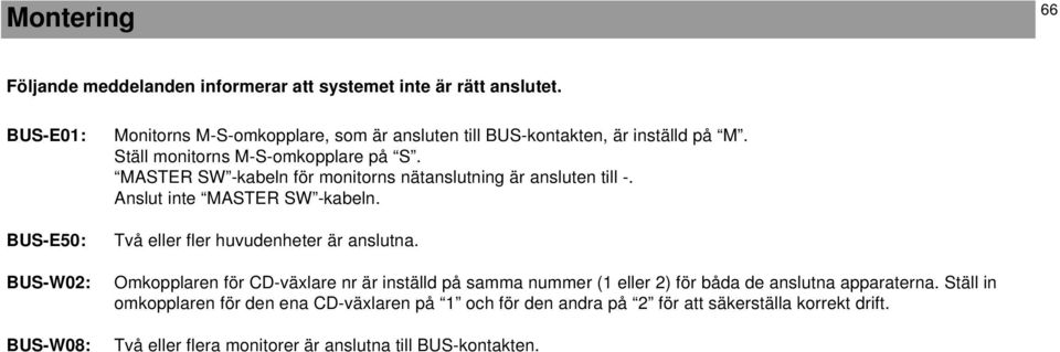 MASTER SW -kabeln för monitorns nätanslutning är ansluten till -. Anslut inte MASTER SW -kabeln. Två eller fler huvudenheter är anslutna.