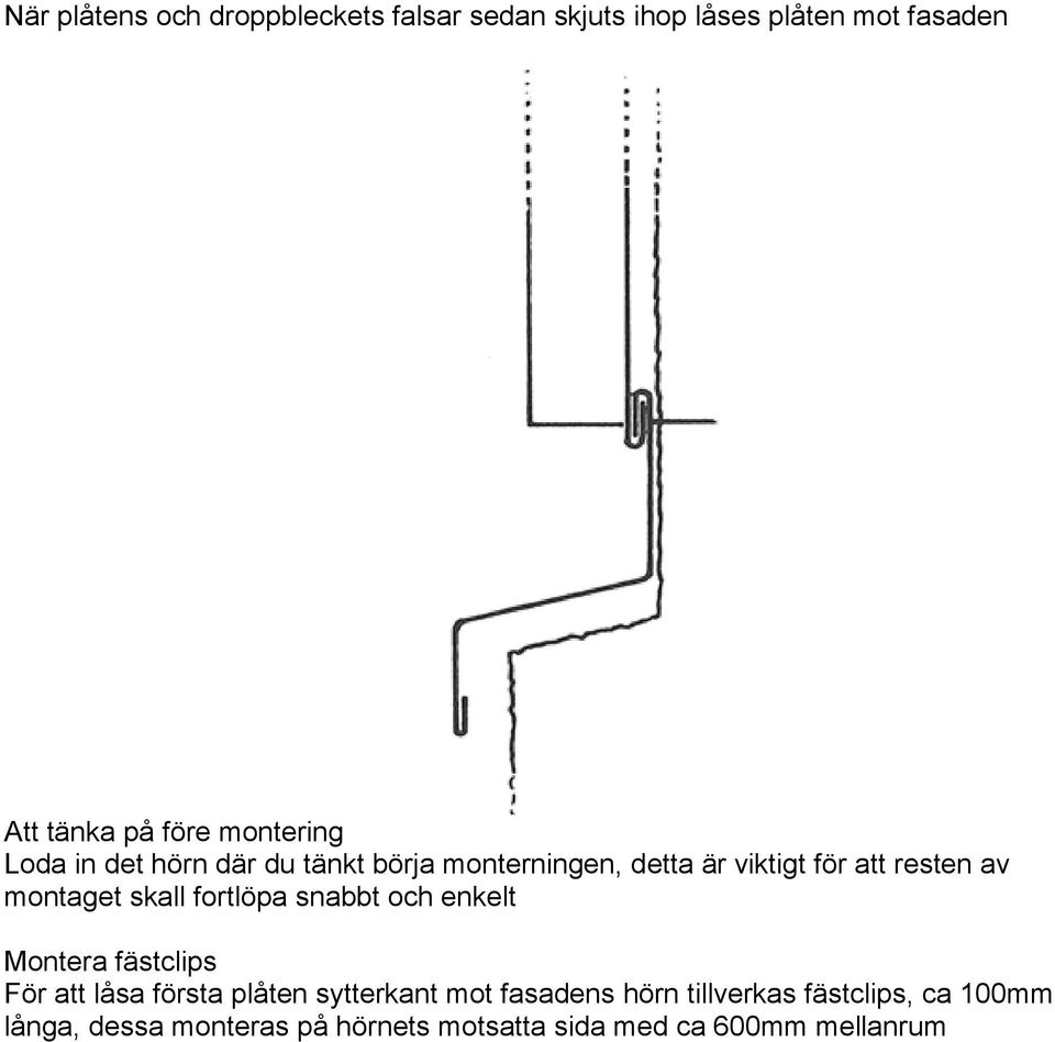 montaget skall fortlöpa snabbt och enkelt Montera fästclips För att låsa första plåten sytterkant mot