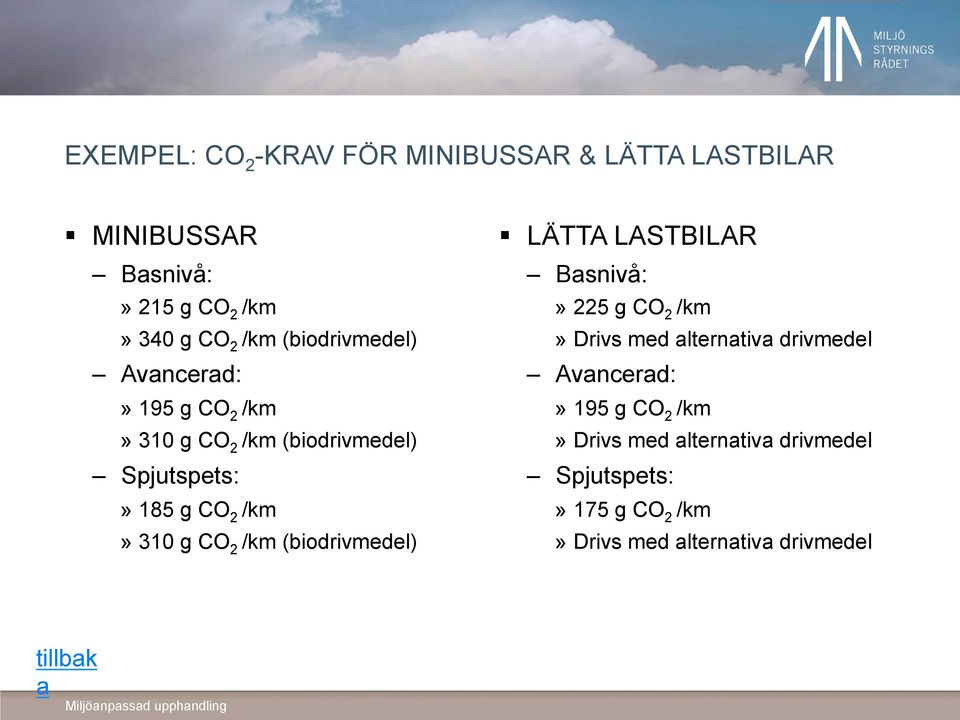 2 /km (biodrivmedel) LÄTTA LASTBILAR Basnivå:» 225 g CO 2 /km» Drivs med alternativa drivmedel Avancerad:» 195