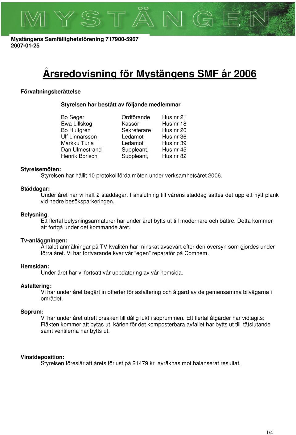 under verksamhetsåret 2006. Städdagar: Under året har vi haft 2 städdagar. I anslutning till vårens städdag sattes det upp ett nytt plank vid nedre besöksparkeringen. Belysning.