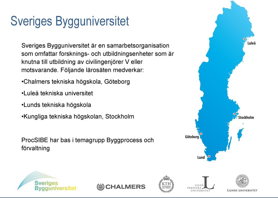 Följande lärosäten medverkar: Luleå Chalmers tekniska högskola, Göteborg Luleå tekniska universitet Lunds