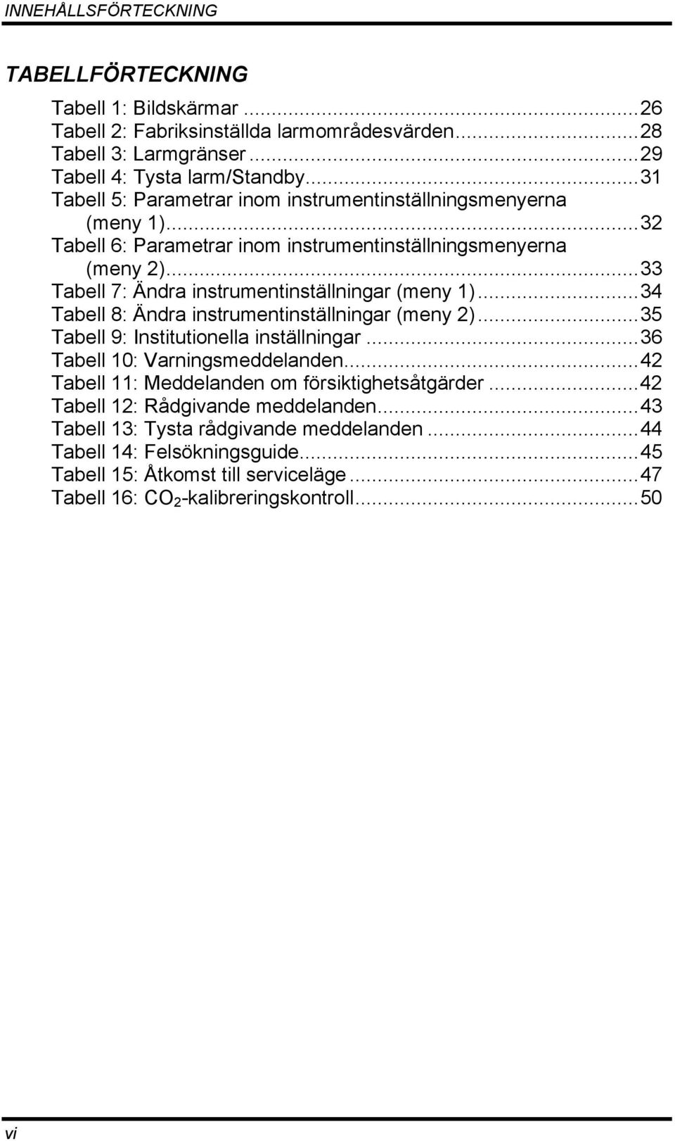 ..33 Tabell 7: Ändra instrumentinställningar (meny 1)...34 Tabell 8: Ändra instrumentinställningar (meny 2)...35 Tabell 9: Institutionella inställningar...36 Tabell 10: Varningsmeddelanden.