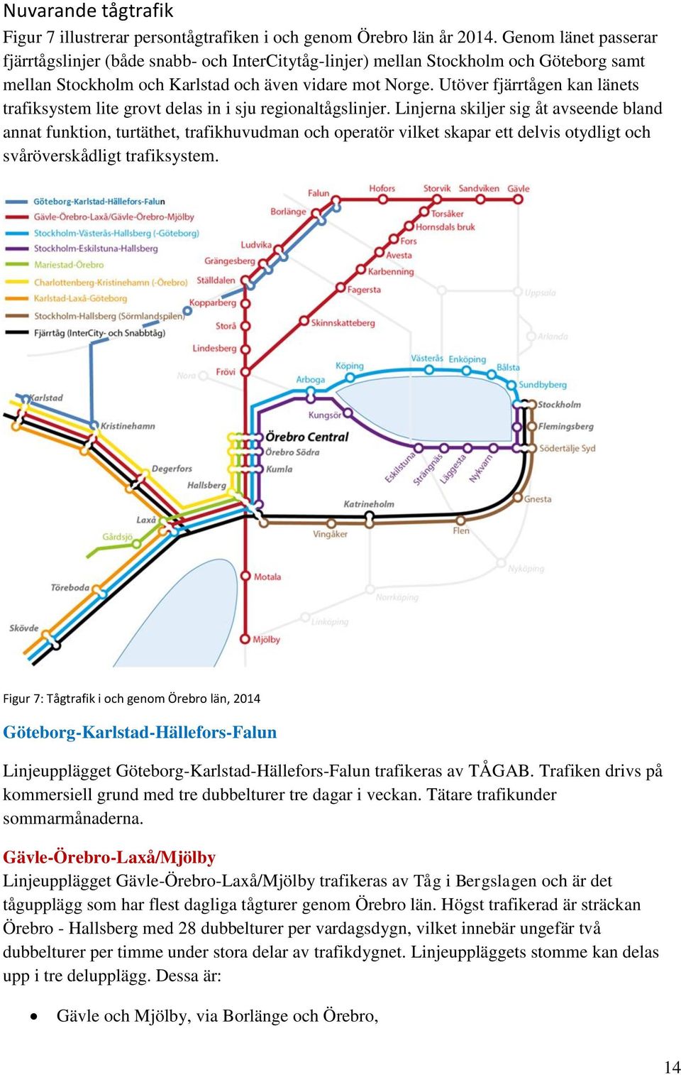 Utöver fjärrtågen kan länets trafiksystem lite grovt delas in i sju regionaltågslinjer.