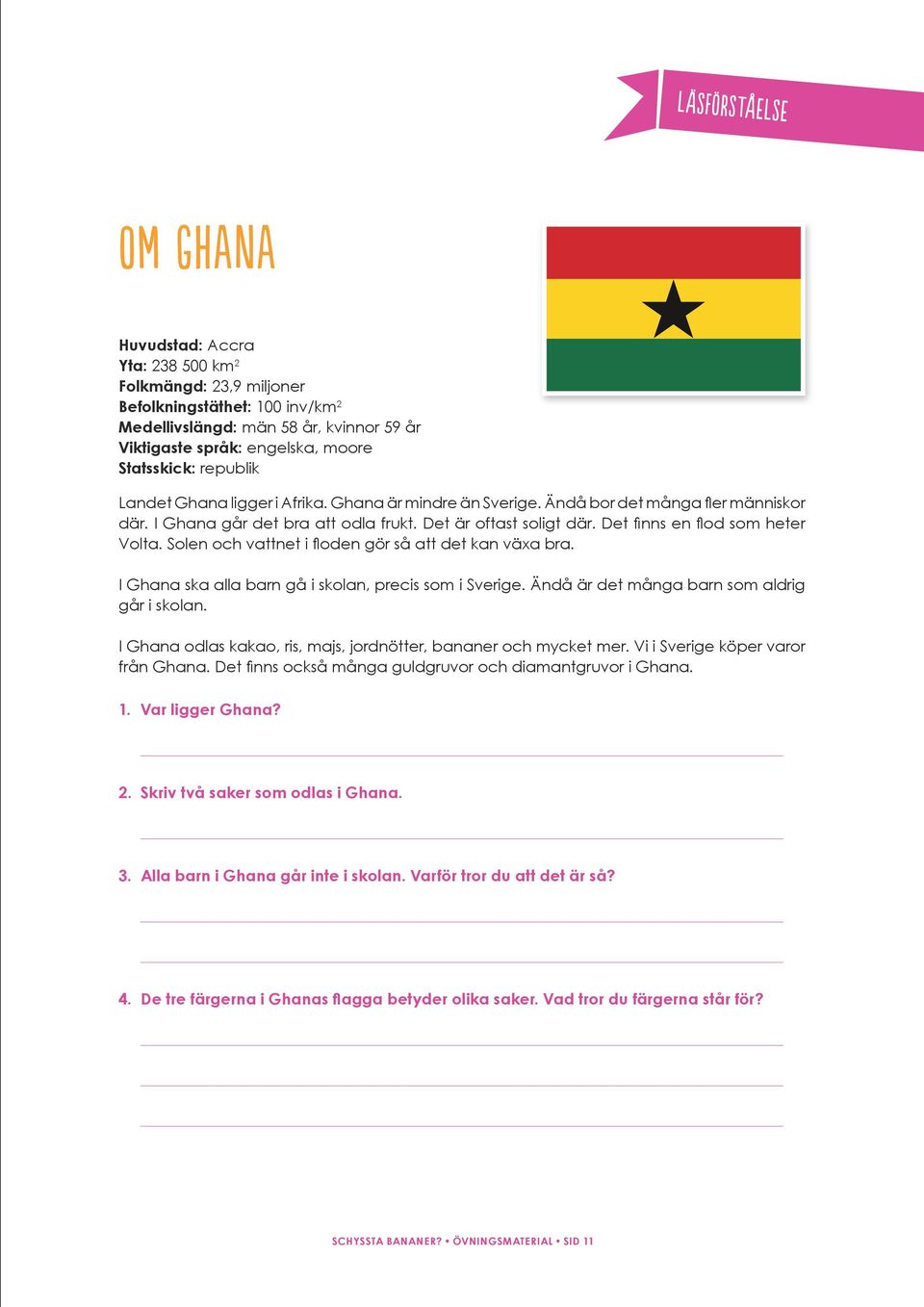 Det finns en flod som heter Volta. Solen och vattnet i floden gör så att det kan växa bra. I Ghana ska alla barn gå i skolan, precis som i Sverige. Ändå är det många barn som aldrig går i skolan.