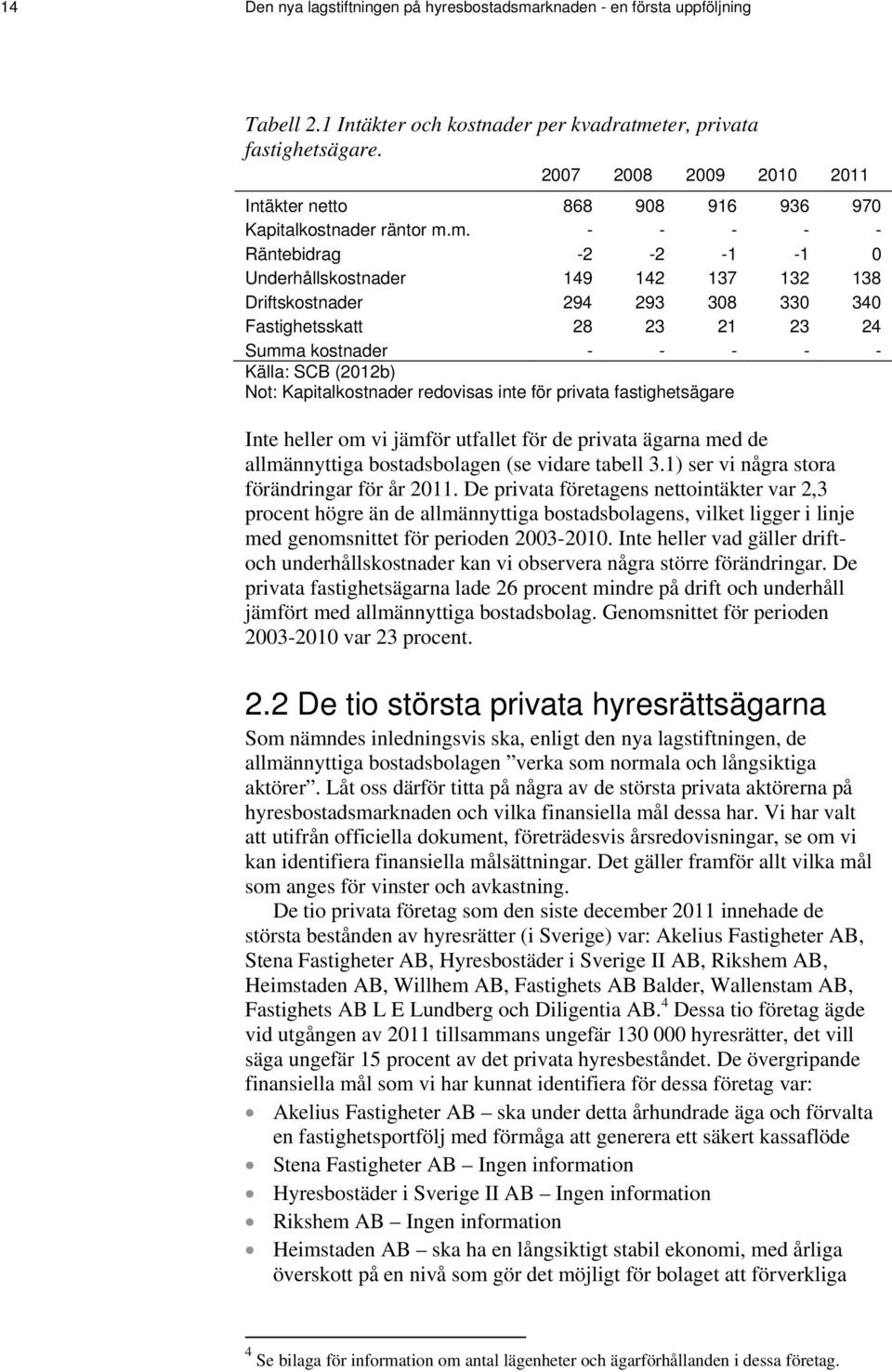m. - - - - - Räntebidrag -2-2 -1-1 0 Underhållskostnader 149 142 137 132 138 Driftskostnader 294 293 308 330 340 Fastighetsskatt 28 23 21 23 24 Summa kostnader - - - - - Källa: SCB (2012b) Not: