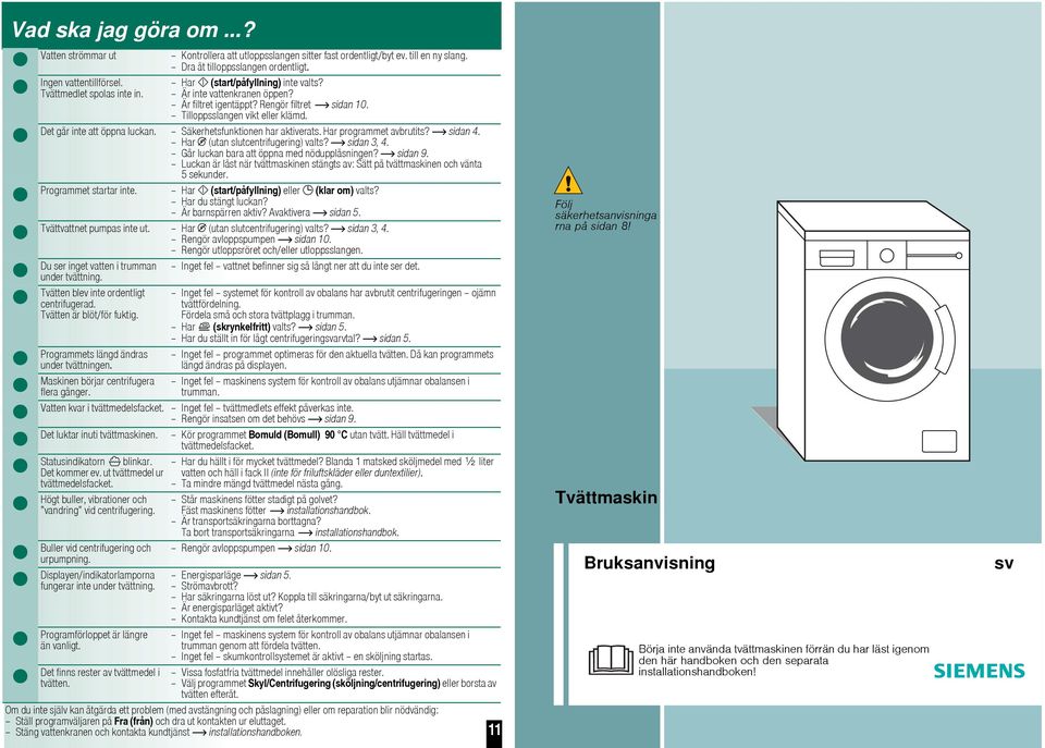 Det går inte att öppna luckan. Säkerhetsfunktionen har aktiverats. Har programmet avbrutits? sidan 4. Har (utan slutcentrifugering) valts? sidan 3, 4. Går luckan bara att öppna med nödupplåsningen?
