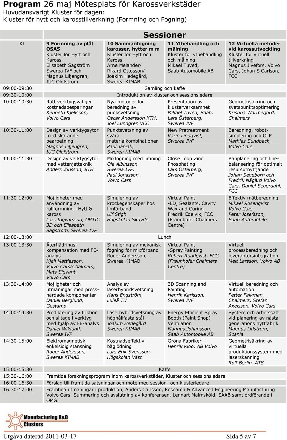 Samling och kaffe 11 Ytbehandling och målning Kluster för ytbehandling och målning Mikael Tuved, Saab Automobile AB 09:30-10:00 Introduktion av kluster och sessionsledare 10:00-10:30 Rätt verktygsval