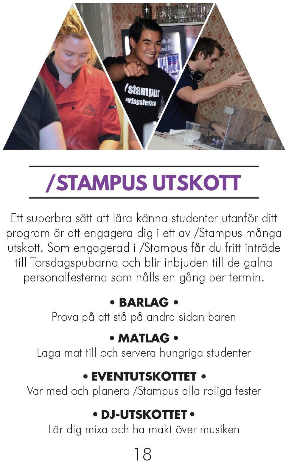 Som engagerad i /Stampus får du fritt inträde till Torsdagspubarna och blir inbjuden till de galna personalfesterna som
