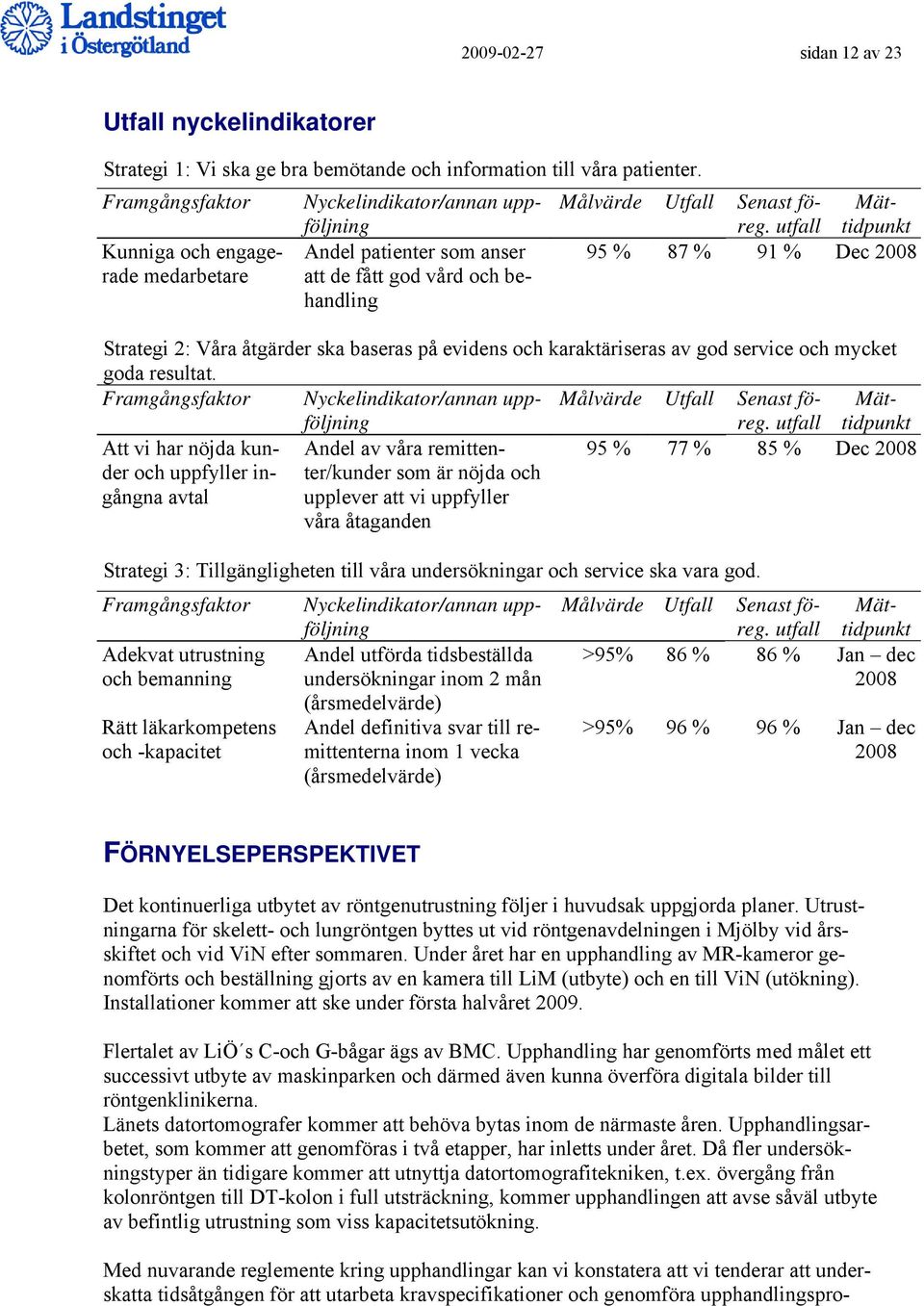 Mät- utfall tidpunkt 95 % 87 % 91 % Dec 2008 Strategi 2: Våra åtgärder ska baseras på evidens och karaktäriseras av god service och mycket goda resultat.
