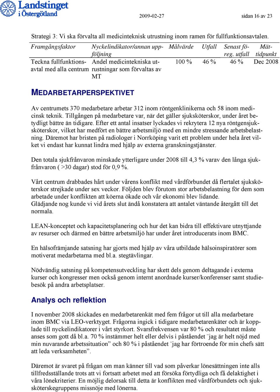 Mät- utfall tidpunkt 100 % 46 % 46 % Dec 2008 Av centrumets 370 medarbetare arbetar 312 inom röntgenklinikerna och 58 inom medicinsk teknik.