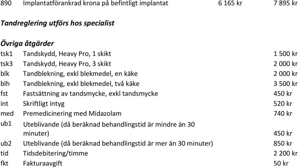 Fastsättning av tandsmycke, exkl tandsmycke 450 kr int Skriftligt intyg 520 kr med Premedicinering med Midazolam 740 kr ub1 Uteblivande (då beräknad