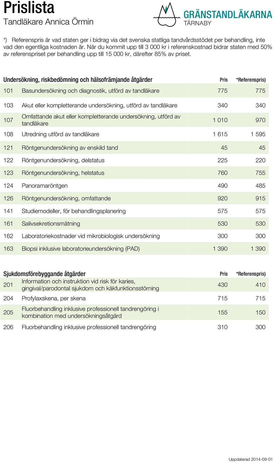 122 Röntgenundersökning, delstatus 225 220 123 Röntgenundersökning, helstatus 760 755 124 Panoramaröntgen 490 485 126 Röntgenundersökning, omfattande 920 915 141 Studiemodeller, för