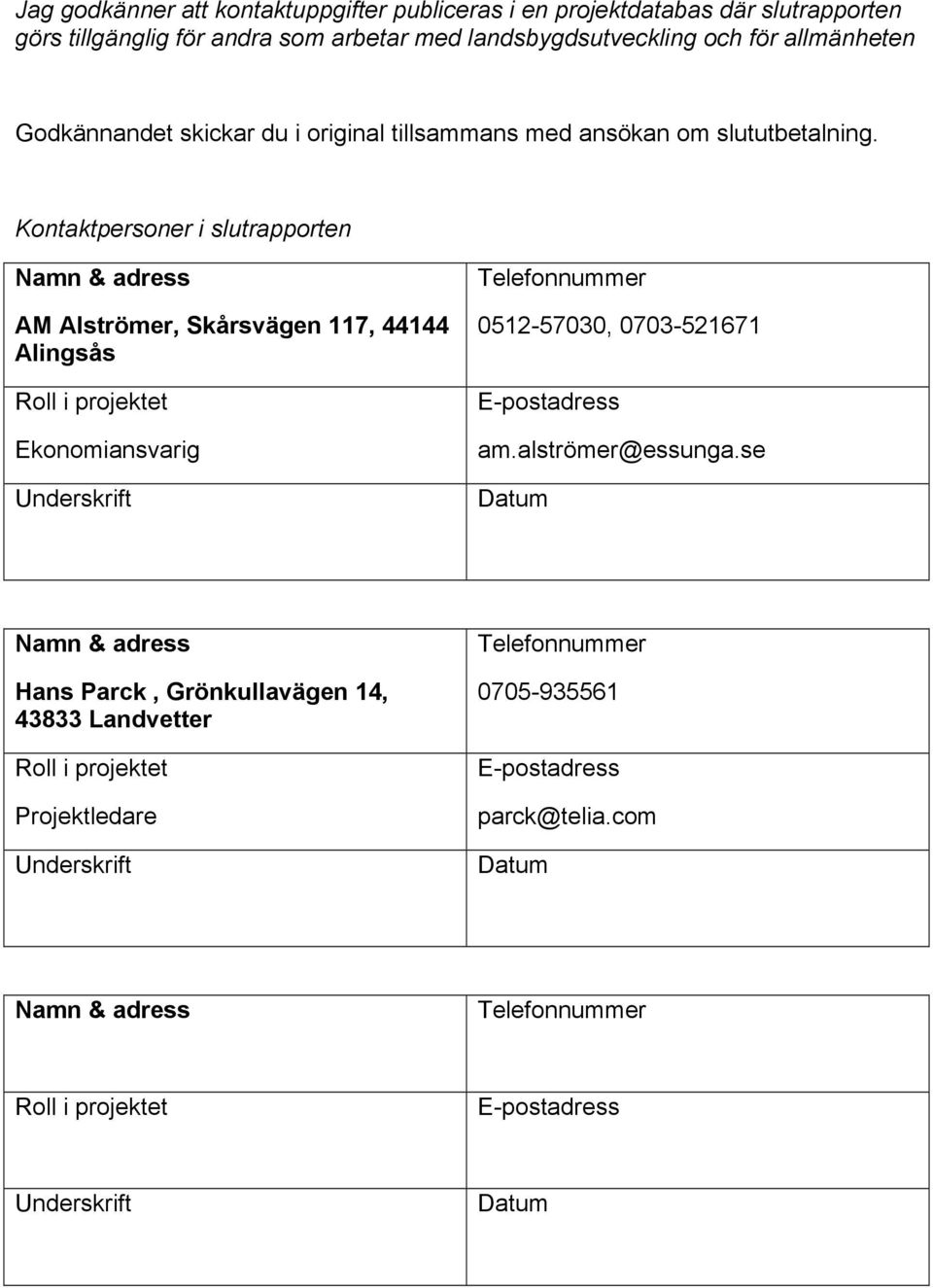 Kontaktpersoner i slutrapporten Namn & adress AM Alströmer, Skårsvägen 117, 44144 Alingsås Roll i projektet Ekonomiansvarig Underskrift Telefonnummer 0512-57030, 0703-521671