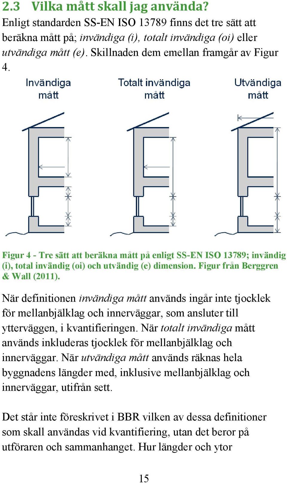 Figur från Berggren & Wall (2011). När definitionen invändiga mått används ingår inte tjocklek för mellanbjälklag och innerväggar, som ansluter till ytterväggen, i kvantifieringen.