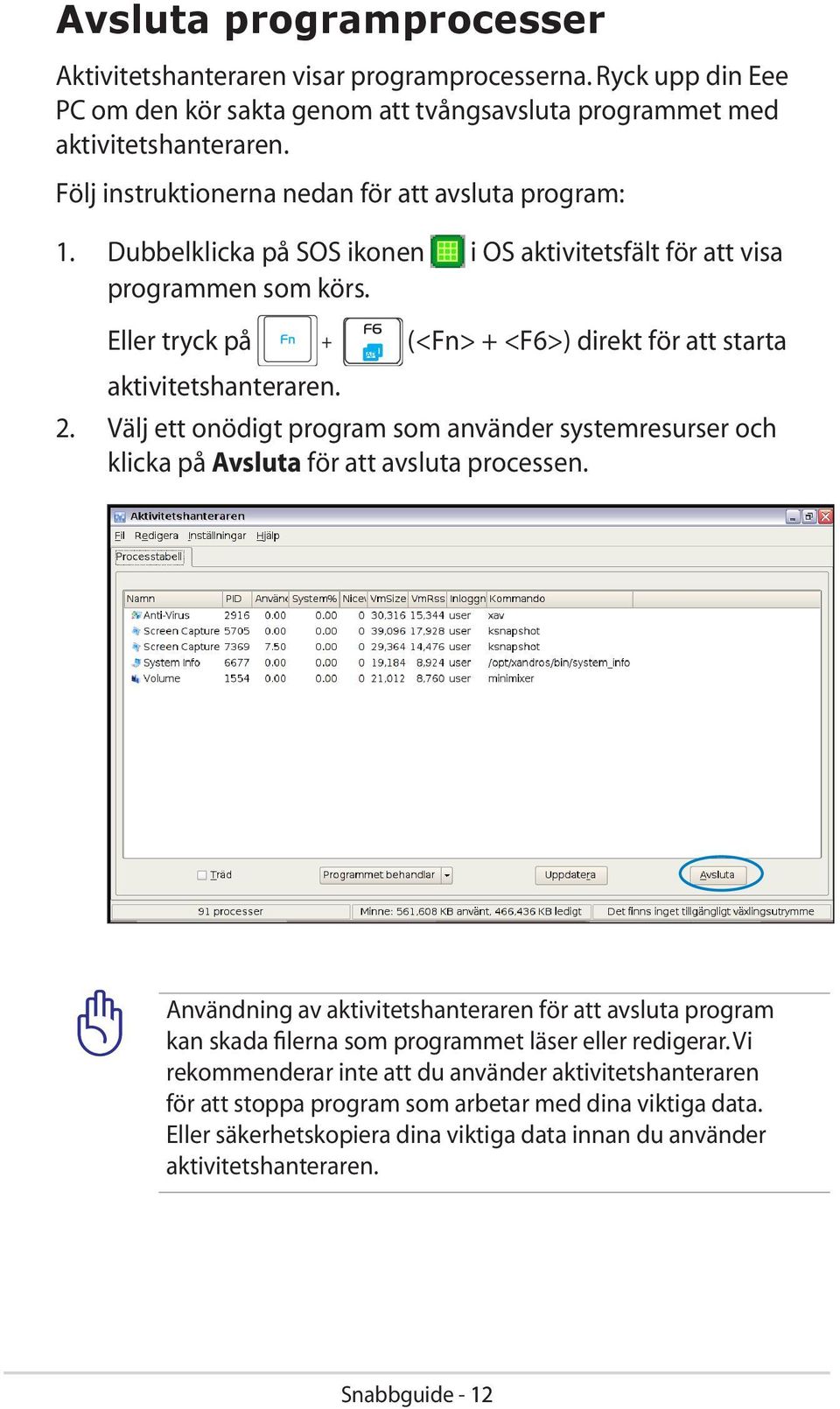 Eller tryck på + (<Fn> + <F6>) direkt för att starta aktivitetshanteraren. 2. Välj ett onödigt program som använder systemresurser och klicka på Avsluta för att avsluta processen.