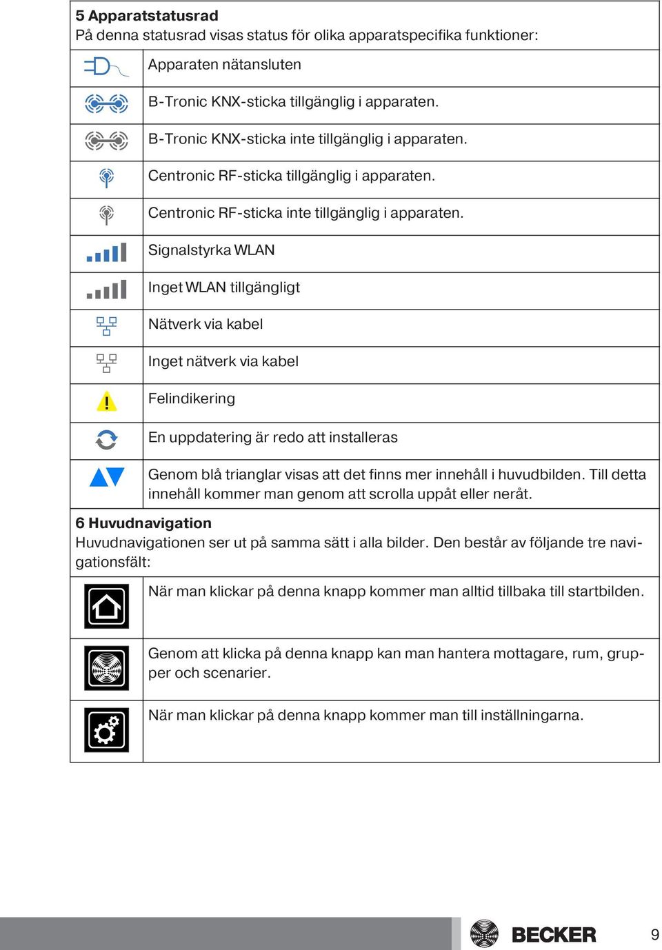 Signalstyrka WLAN Inget WLAN tillgängligt Nätverk via kabel Inget nätverk via kabel Felindikering En uppdatering är redo att installeras Genom blå trianglar visas att det finns mer innehåll i