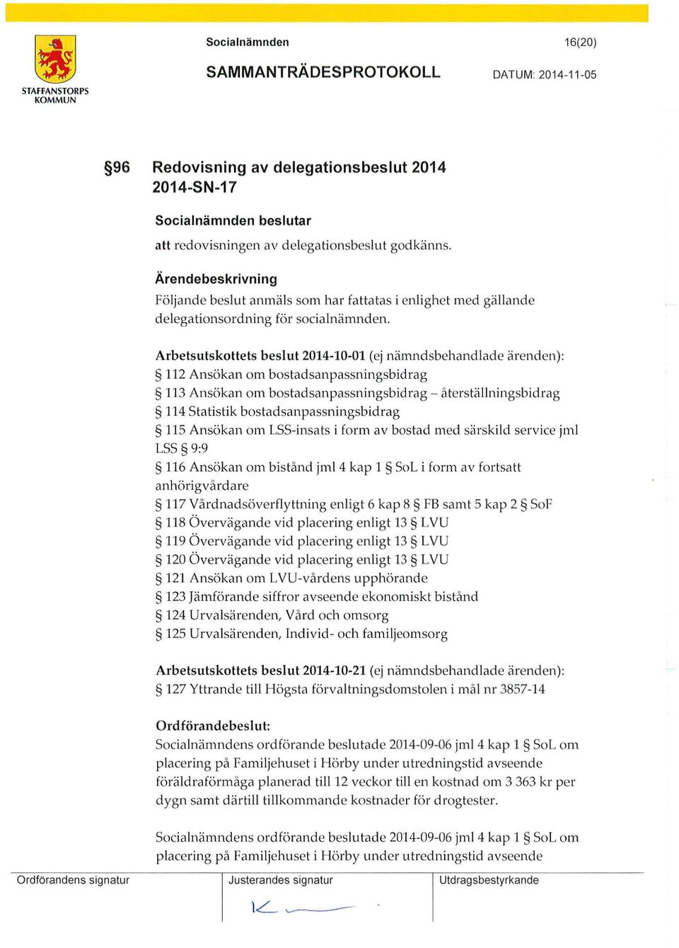 Arbetsutskottets beslut 2014-10-01 (ej nämndsbehandlade ärenden): 112 Ansökan om bostadsanpassningsbidrag 113 Ansökan om bostadsanpassningsbidrag - återställningsbidrag 114 statistik