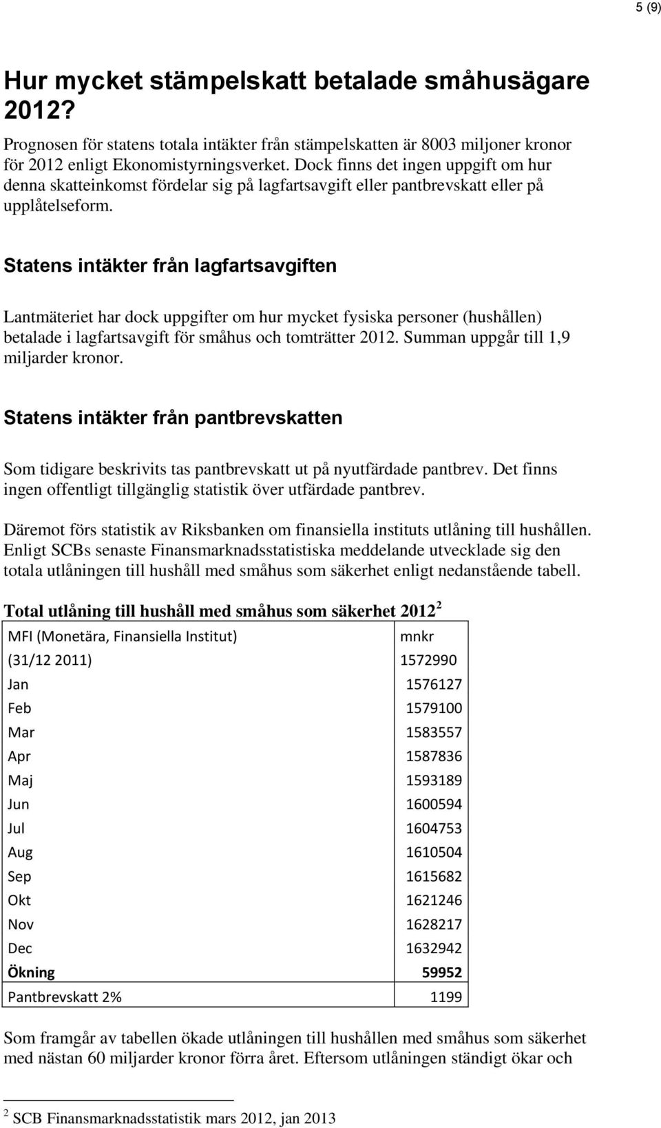 Statens intäkter från lagfartsavgiften Lantmäteriet har dock uppgifter om hur mycket fysiska personer (hushållen) betalade i lagfartsavgift för småhus och tomträtter 2012.