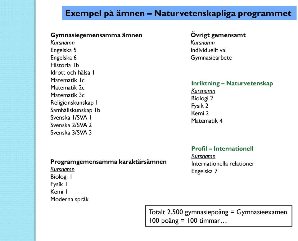 Kursnamn Biologi 1 Fysik 1 Kemi 1 Moderna språk Övrigt gemensamt Kursnamn Individuellt val Gymnasiearbete Inriktning Naturvetenskap Kursnamn Biologi 2