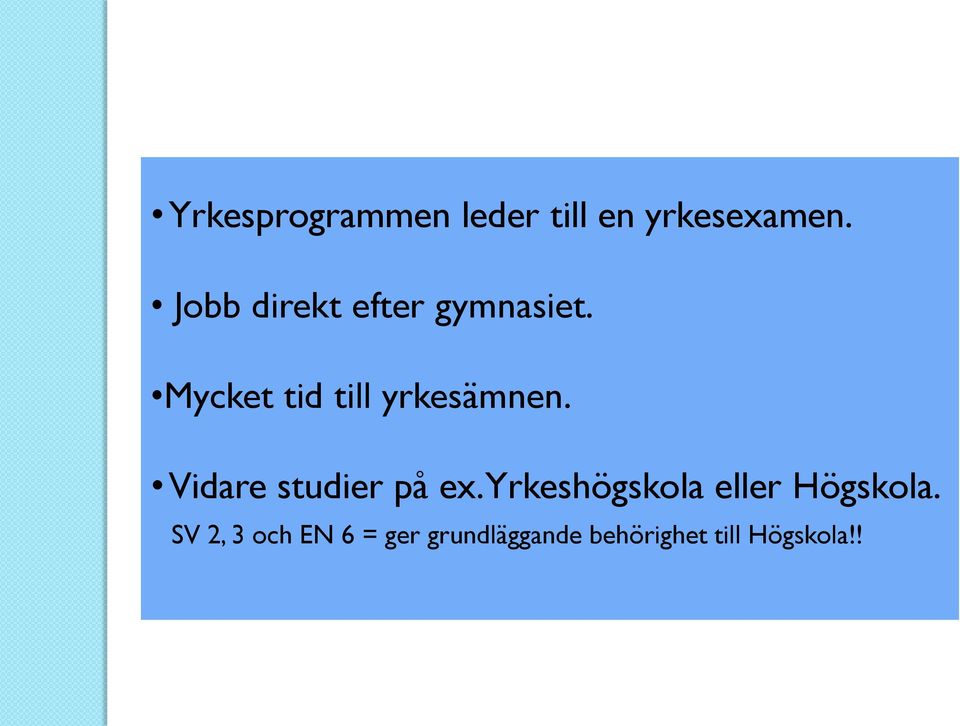 Mycket tid till yrkesämnen. Vidare studier på ex.